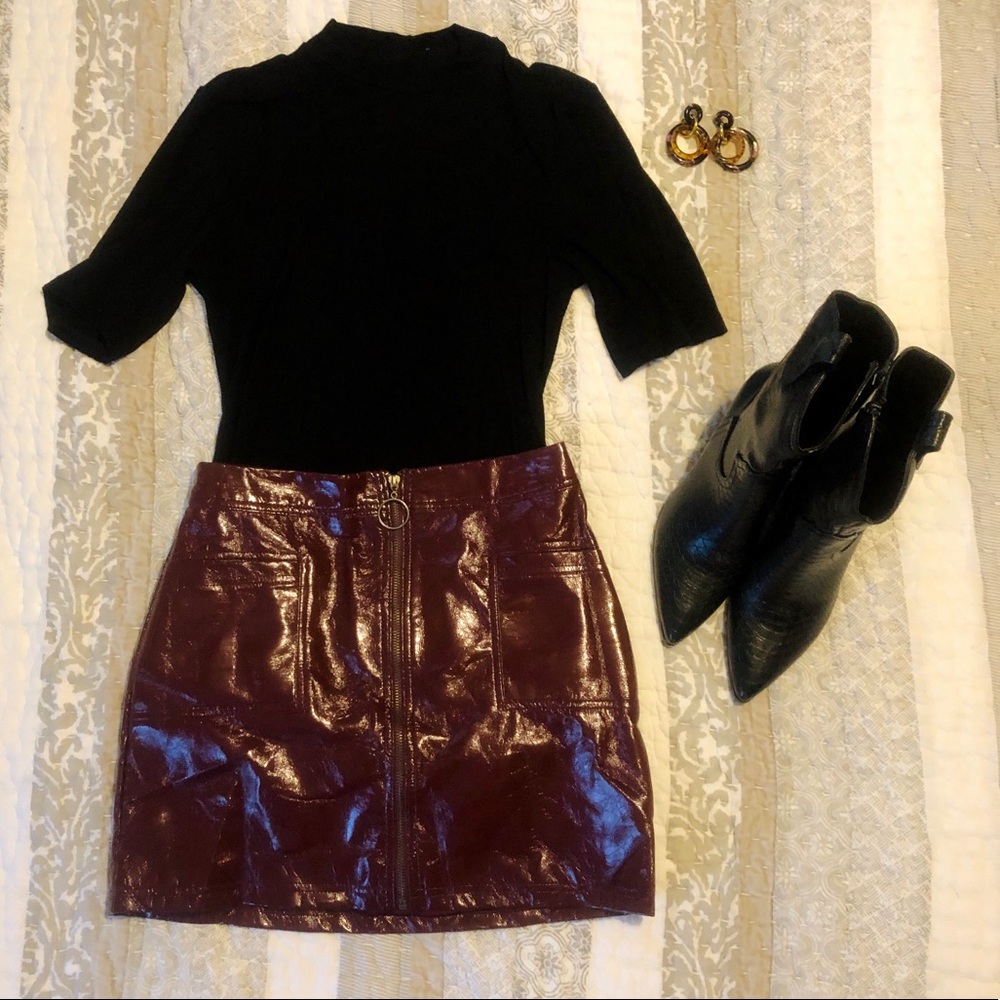 Burgundy Faux Leather with O Ring Zipper